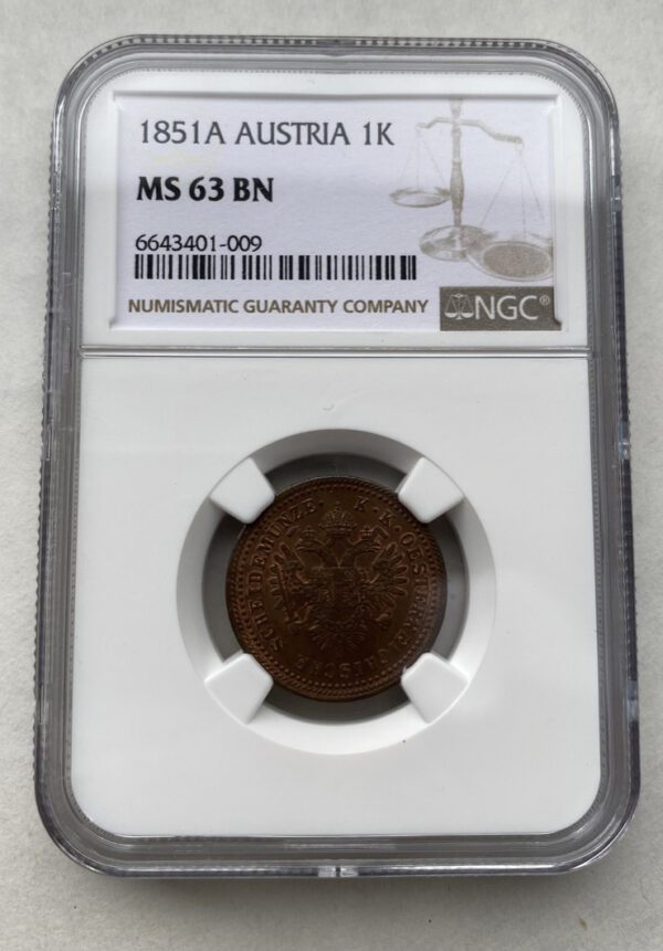 1 Krejcar - 1851 A | Certifikace MS 63 BN !