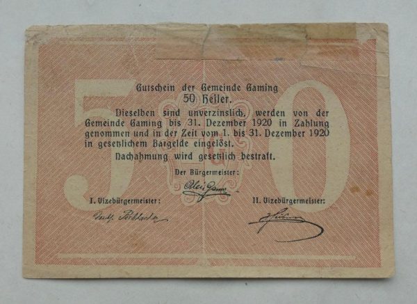 50 Heller – Obec Gaming (1920) 50 Heller – Obec Gaming (1920)