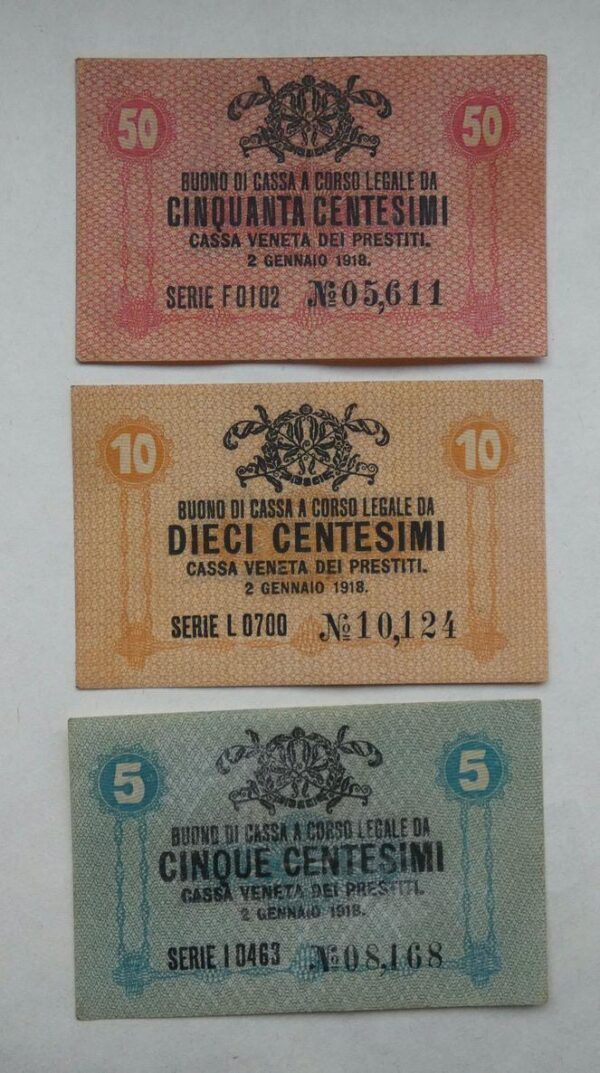 Sběratelská sada historických italských poukázek: 5, 10 a 50 Centesimi, 1918