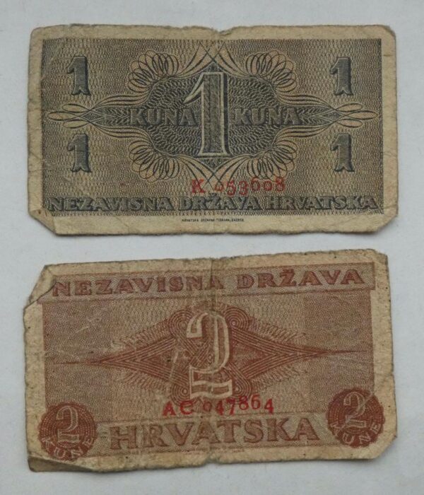 Sada historických bankovek: 1 Kuna a 2 Kuny, NDH 1942 Sada historických bankovek: 1 Kuna a 2 Kuny, NDH 1942