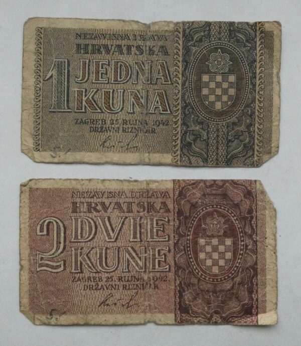 Sada historických bankovek: 1 Kuna a 2 Kuny, NDH 1942