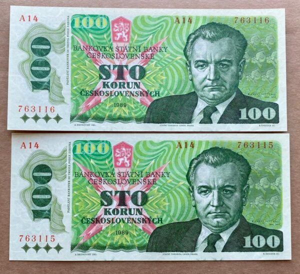 100 Kčs - 1989 | série A 14 2x 100 Kčs - 1989 | série A 14 2x